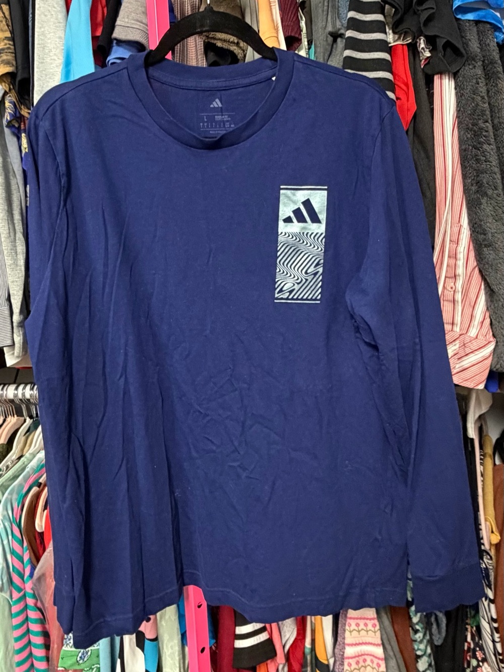 Adidas men’s size Large T-shirt Navy Blue Metallic Silver foil Logo Long Sleeve